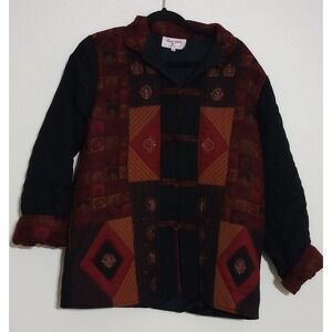 Rene Derby Collection Wool Quilted Patchwork Jacket Boho Frog Closure Large